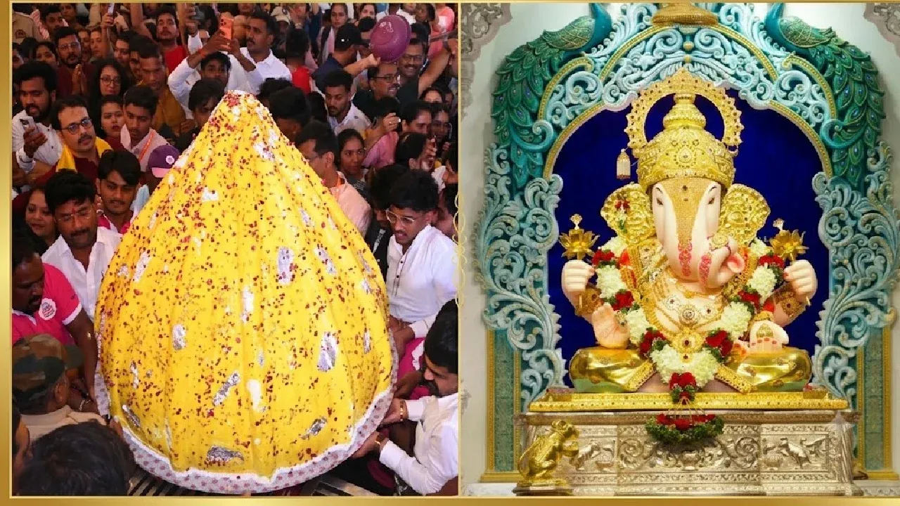 दगडूशेठ बाप्पाचा शाही थाट; २५१ किलोचा मोदक, ५५ हिऱ्यांचा अलंकार