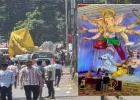 कोल्हापुरात विसर्जन मिरवणुकीत मोठी दुर्घटना; विद्युत तारेचा स्पर्श होताच २१ फुटांची गणेशमूर्ती कोसळली