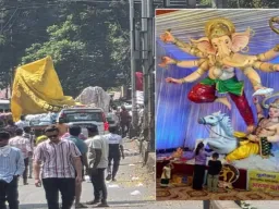 कोल्हापुरात विसर्जन मिरवणुकीत मोठी दुर्घटना; विद्युत तारेचा स्पर्श होताच २१ फुटांची गणेशमूर्ती कोसळली